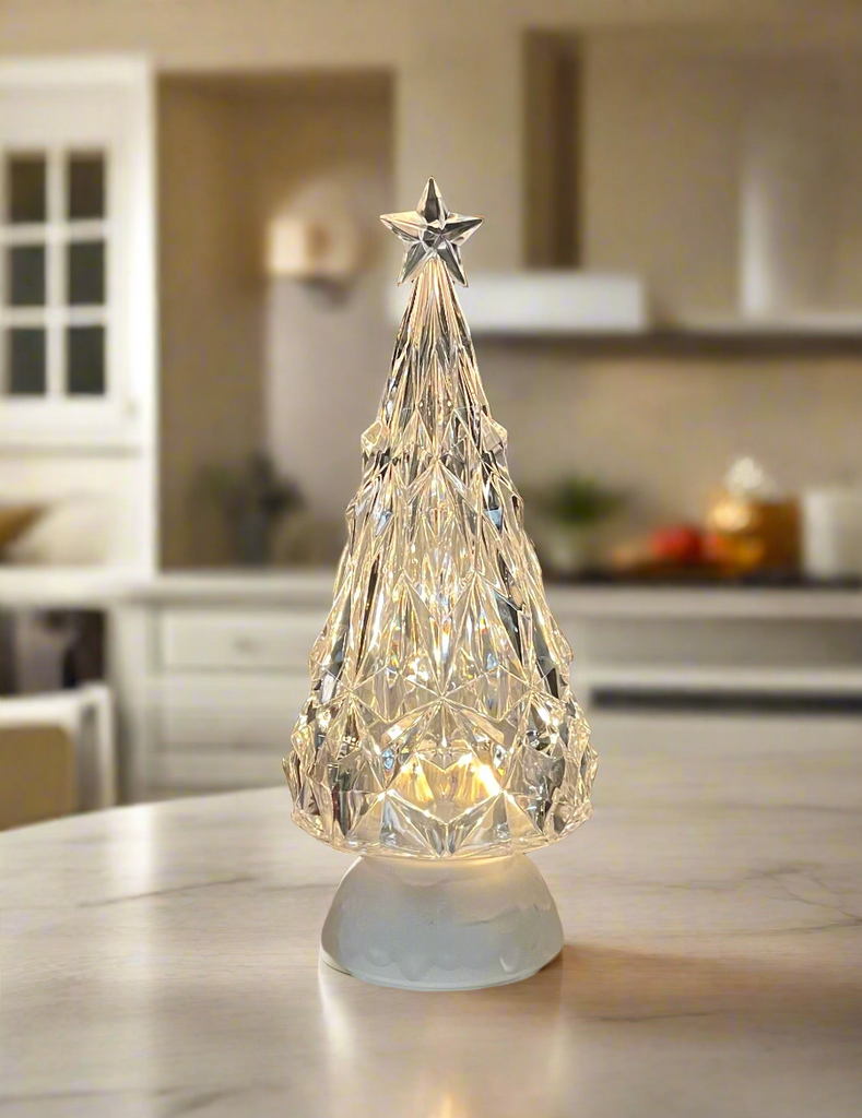 Rotating Christmas Tree Lantern with Faceted Edges, Crystal Look Acrylic,12.25 inches, Battery Operated with Timer