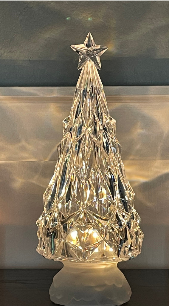 Rotating Christmas Tree Lantern with Faceted Edges, Crystal Look Acrylic,12.25 inches, Battery Operated with Timer