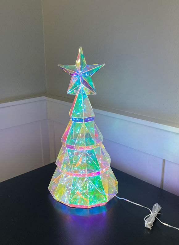 15 Inch Holographic 3D Lighted Christmas Tree, Tabletop, 8 Function Remote, USB/Battery Operated, Clear Plexi