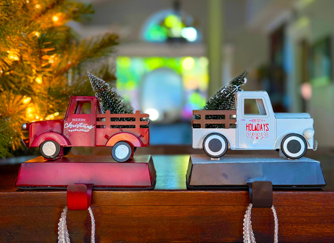 Vintage Christmas Truck Stocking Holders, Set of 2 Metal Farm Pickups with Trees, Red and White, 6 Inches Wide