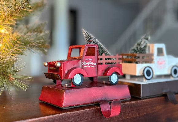 Vintage Christmas Truck Stocking Holders, Set of 2 Metal Farm Pickups with Trees, Red and White, 6 Inches Wide