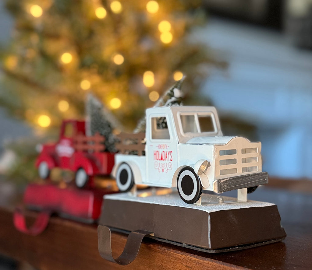 Vintage Christmas Truck Stocking Holders, Set of 2 Metal Farm Pickups with Trees, Red and White, 6 Inches Wide