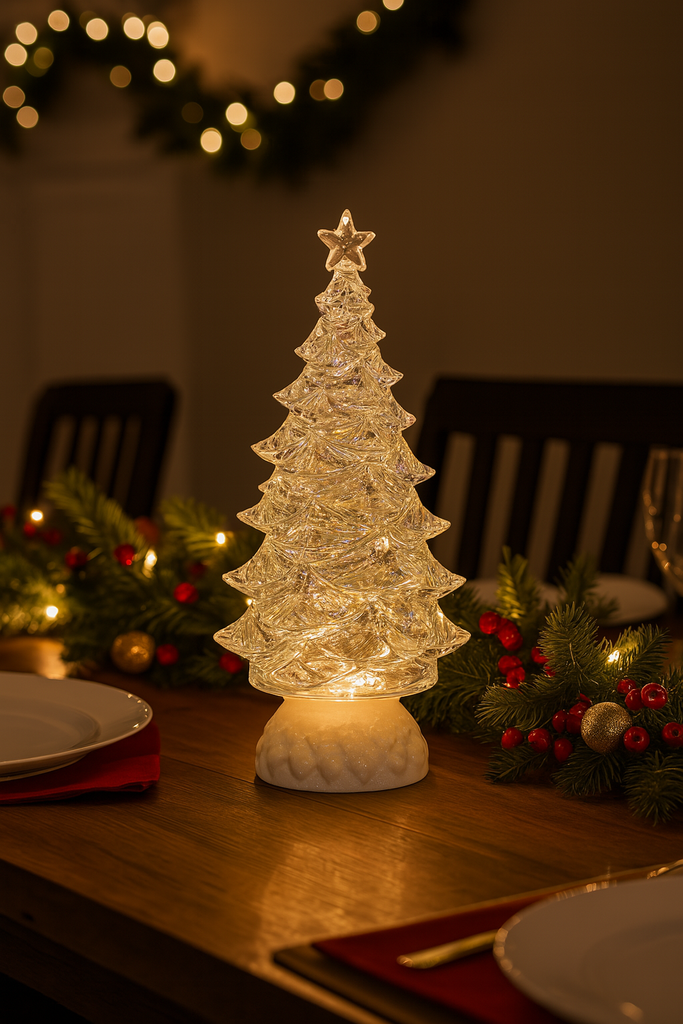 LED Christmas Tree Water Globe Sculpted Acrylic, 12" High, Battery or USB Powered, Timer Function, Spinning Glitter Water Lantern