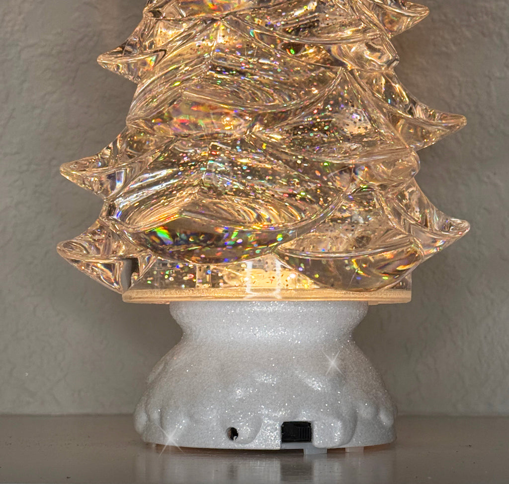 LED Christmas Tree Water Globe Sculpted Acrylic, 12" High, Battery or USB Powered, Timer Function, Spinning Glitter Water Lantern