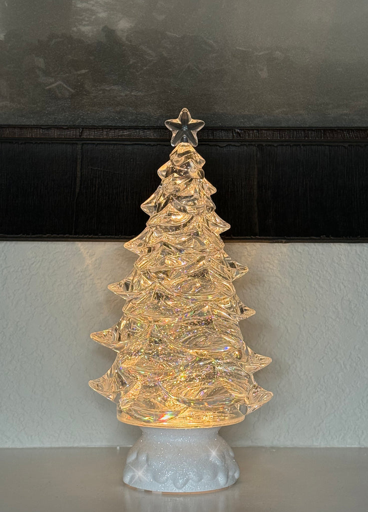 LED Christmas Tree Water Globe Sculpted Acrylic, 12" High, Battery or USB Powered, Timer Function, Spinning Glitter Water Lantern