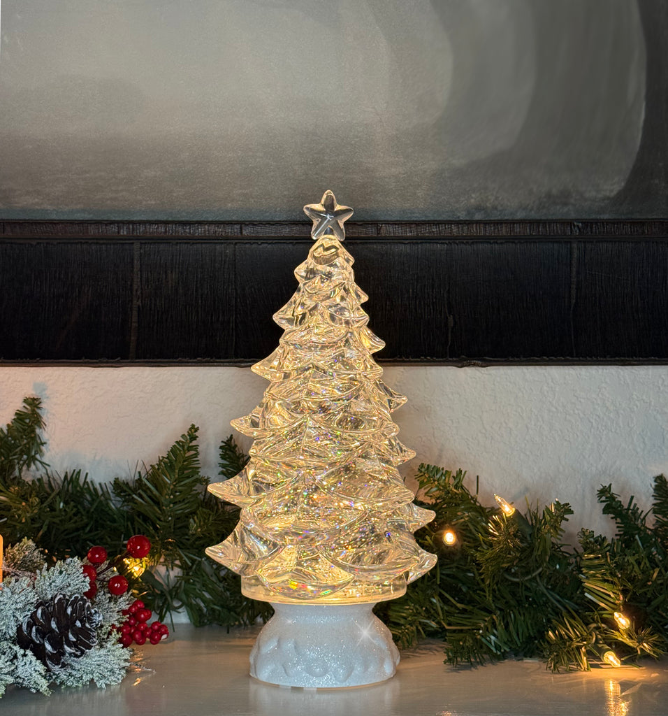 LED Christmas Tree Water Globe Sculpted Acrylic, 12" High, Battery or USB Powered, Timer Function, Spinning Glitter Water Lantern
