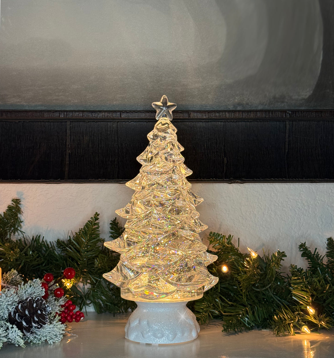 LED Christmas Tree Water Globe Sculpted Acrylic, 12" High, Battery or USB Powered, Timer Function, Spinning Glitter Water Lantern