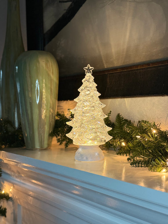 LED Christmas Tree Water Globe Sculpted Acrylic, 12" High, Battery or USB Powered, Timer Function, Spinning Glitter Water Lantern
