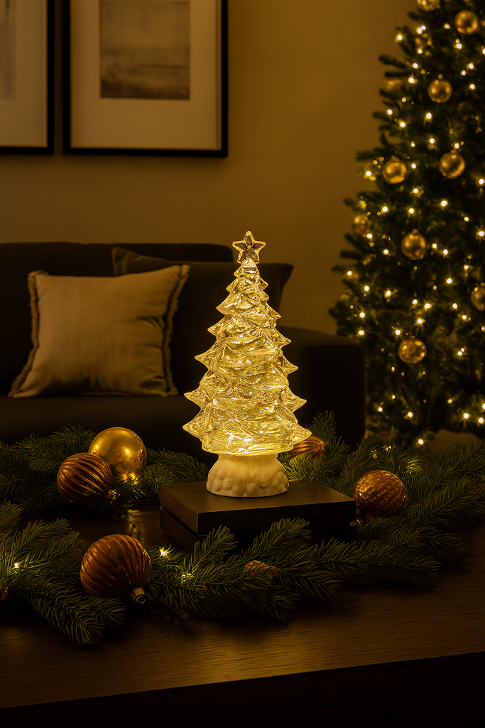 LED Christmas Tree Water Globe Sculpted Acrylic, 12" High, Battery or USB Powered, Timer Function, Spinning Glitter Water Lantern