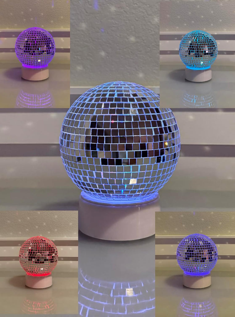 Mirror Ball Light with Timer, 6 Inch Seasonal Display Light, Color Changing LED, Battery/USB Powered, White Base