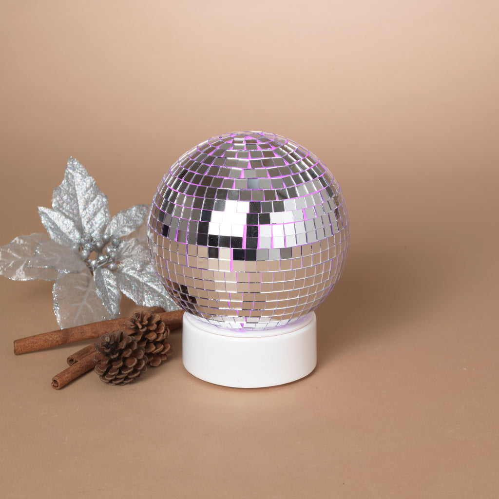 Mirror Ball Light with Timer, 6 Inch Seasonal Display Light, Color Changing LED, Battery/USB Powered, White Base