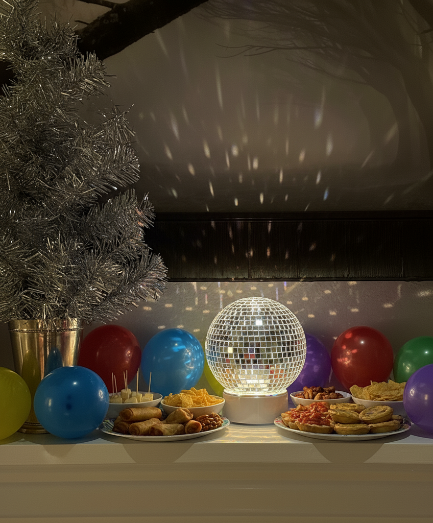 Decorative setup with a disco ball, tinsel tree, and metallic spheres on a reflective surface.