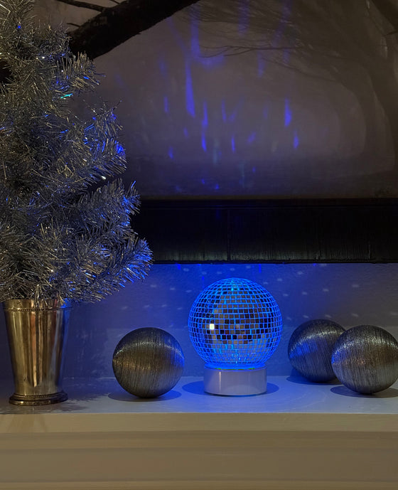 Mirror Ball Light with Timer, 6 Inch Seasonal Display Light, Color Changing LED, Battery/USB Powered, White Base