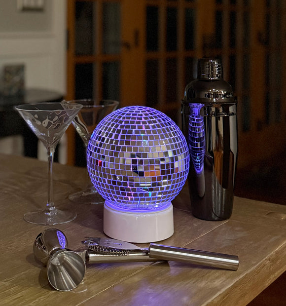 Mirror Ball Light with Timer, 6 Inch Seasonal Display Light, Color Changing LED, Battery/USB Powered, White Base