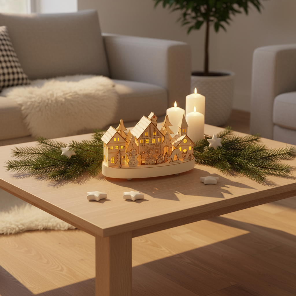 7" high x 10" wide Wooden Christmas village scene with houses and trees on a white background