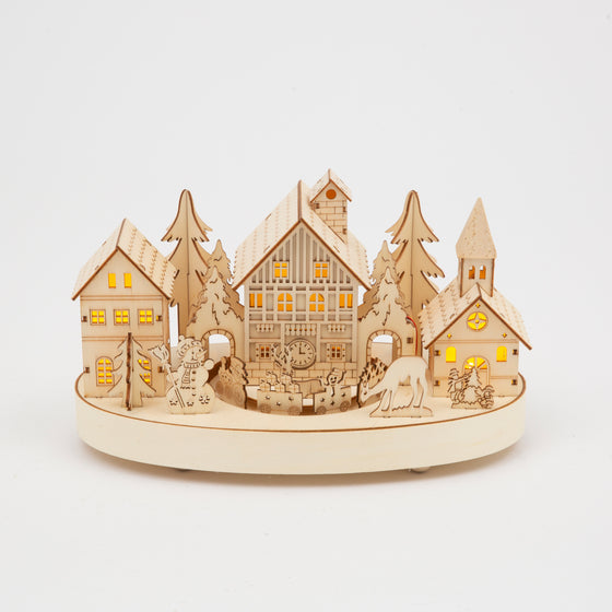 Wooden Christmas Village Scene with Rotating Train, LED Lights, 10.5" x 7", Battery Operated Holiday Decor, Natural Alpine Design