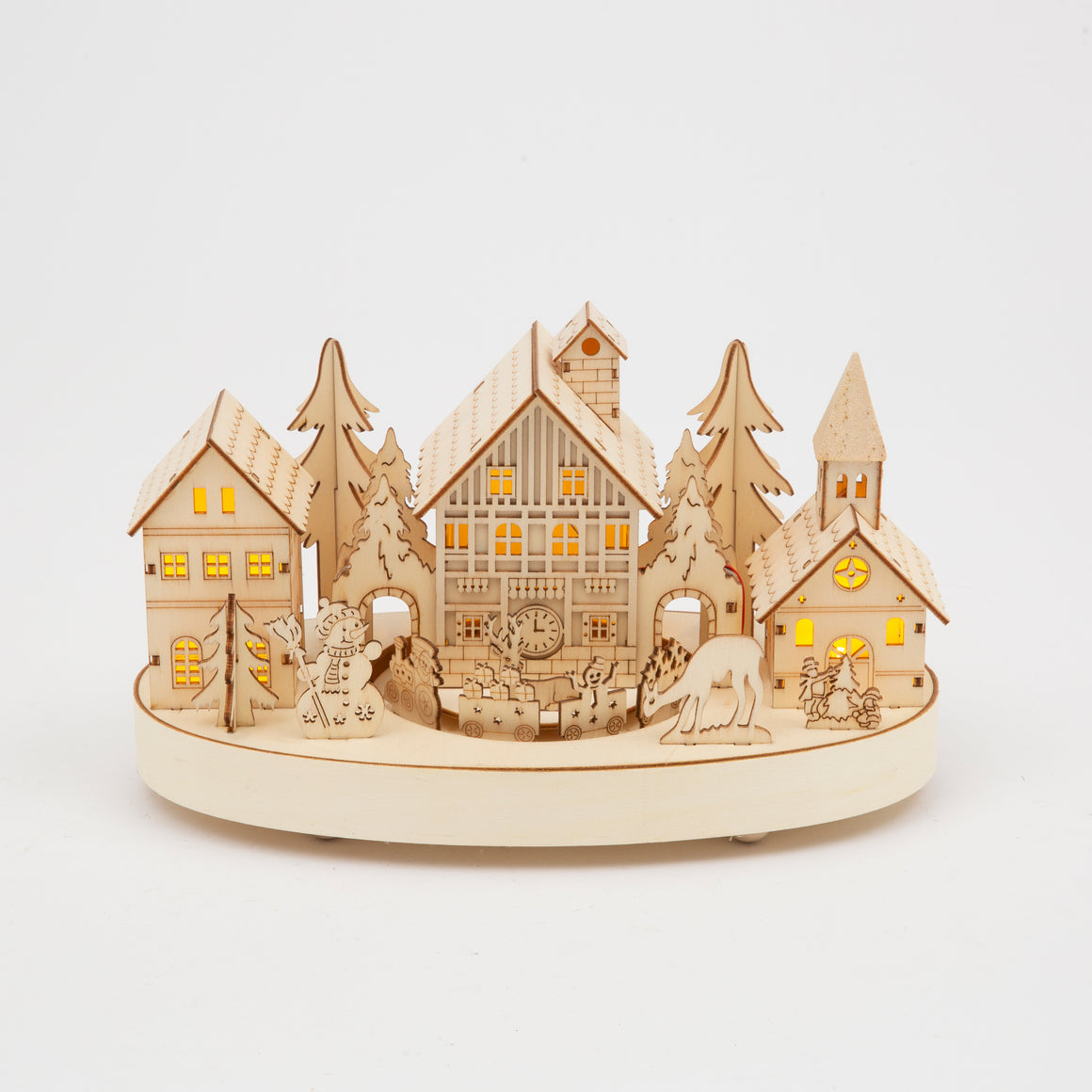 Wooden Christmas Village Scene with Rotating Train, LED Lights, 10.5" x 7", Battery Operated Holiday Decor, Natural Alpine Design