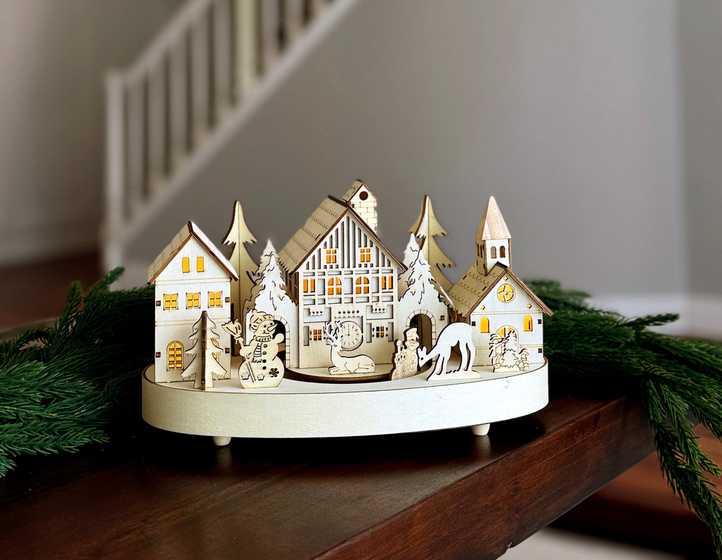 Wooden Christmas Village Scene with Rotating Train, LED Lights, 10.5" x 7", Battery Operated Holiday Decor, Natural Alpine Design