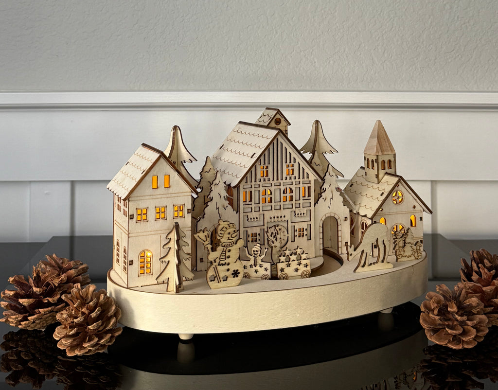 Wooden Christmas Village Scene with Rotating Train, LED Lights, 10.5" x 7", Battery Operated Holiday Decor, Natural Alpine Design