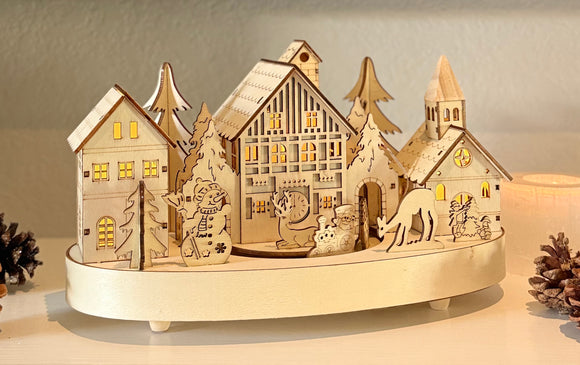 Wooden Christmas Village Scene with Rotating Train, LED Lights, 10.5" x 7", Battery Operated Holiday Decor, Natural Alpine Design