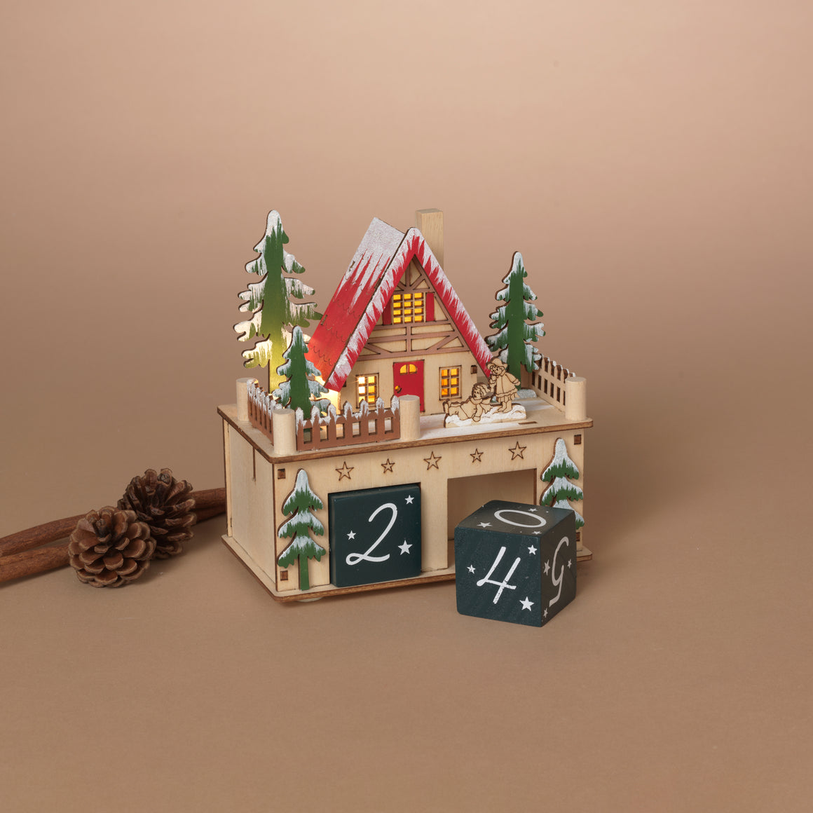 Wooden Christmas Countdown Calendar with LED Light, 6 x 6 x 3.5 inches, Alpine Holiday House Design with Number Blocks