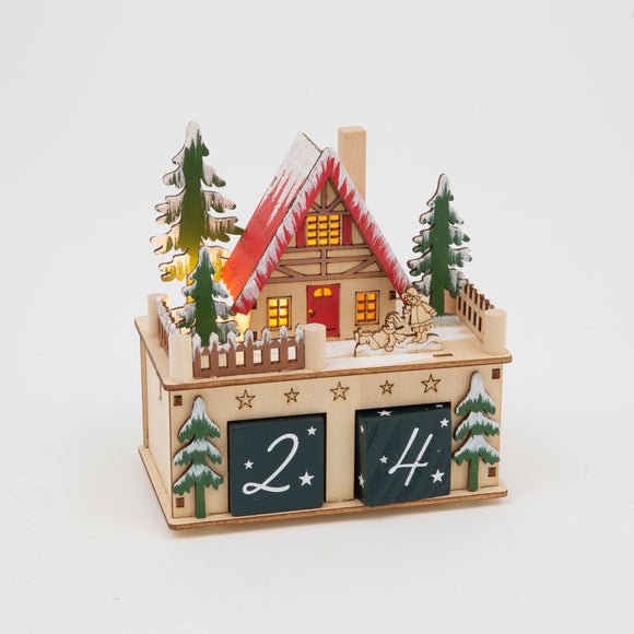 Wooden Christmas Countdown Calendar with LED Light, 6 x 6 x 3.5 inches, Alpine Holiday House Design with Number Blocks