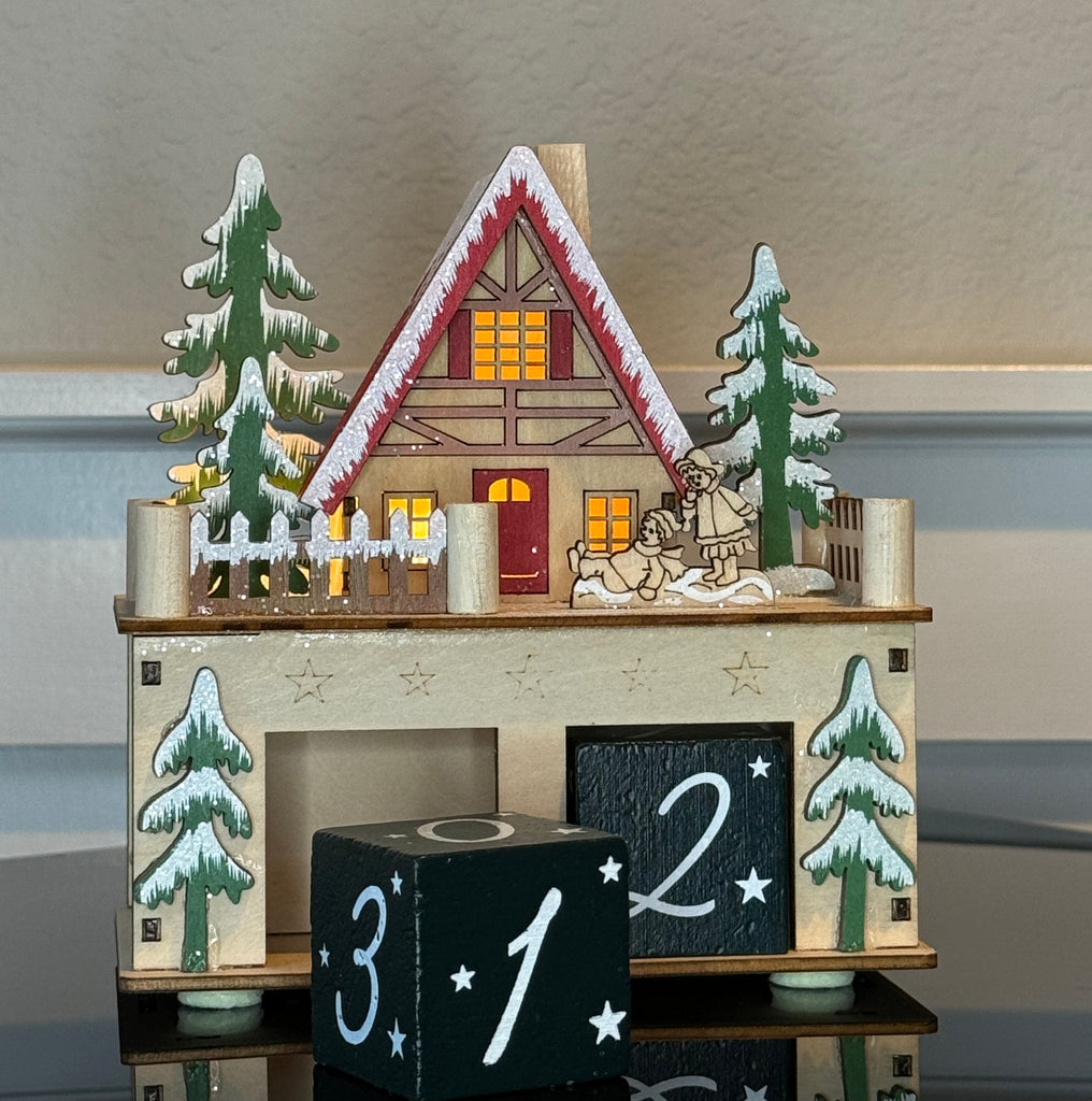 Wooden Christmas Countdown Calendar with LED Light, 6 x 6 x 3.5 inches, Alpine Holiday House Design with Number Blocks