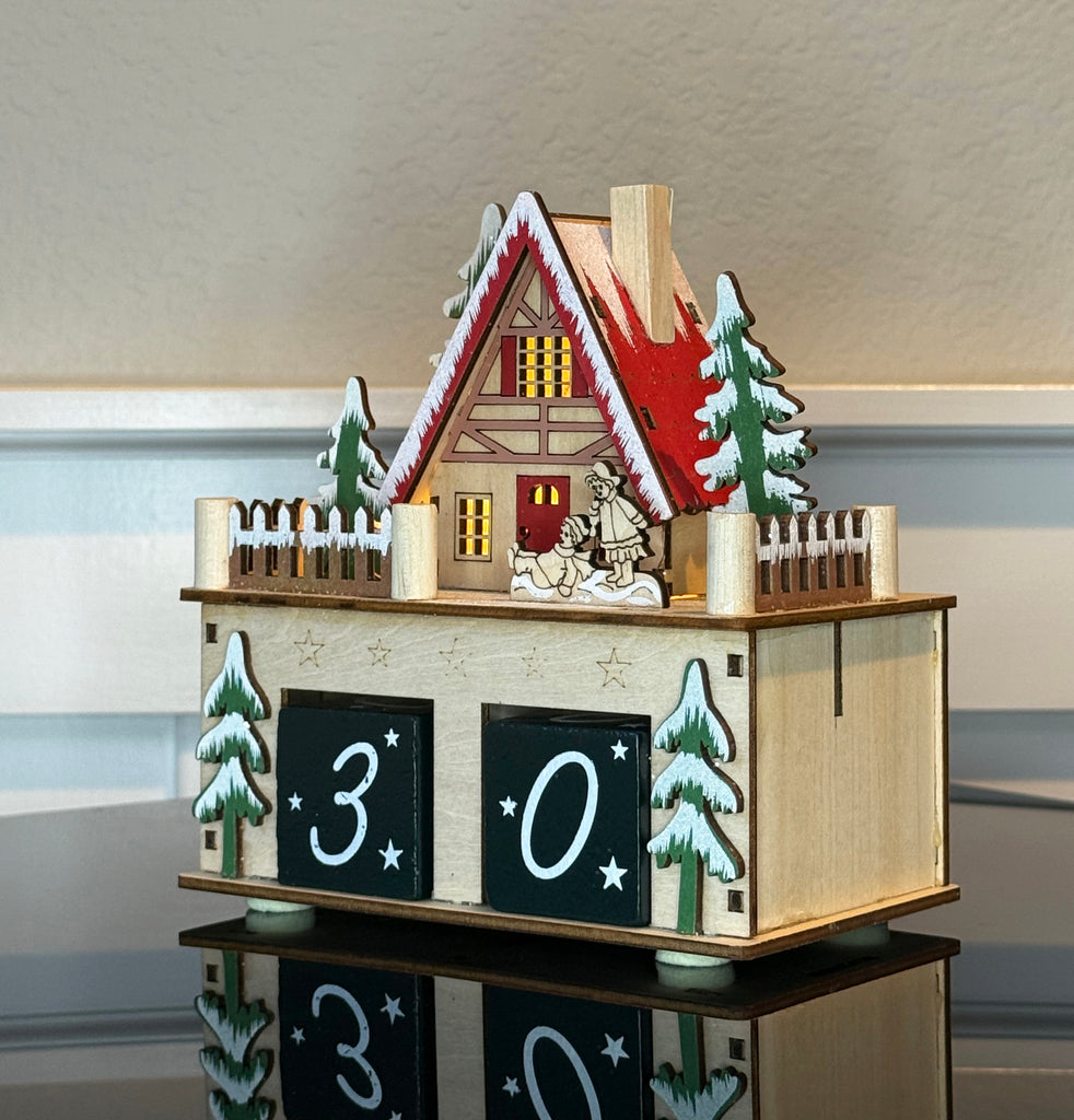 Wooden Christmas Countdown Calendar with LED Light, 6 x 6 x 3.5 inches, Alpine Holiday House Design with Number Blocks