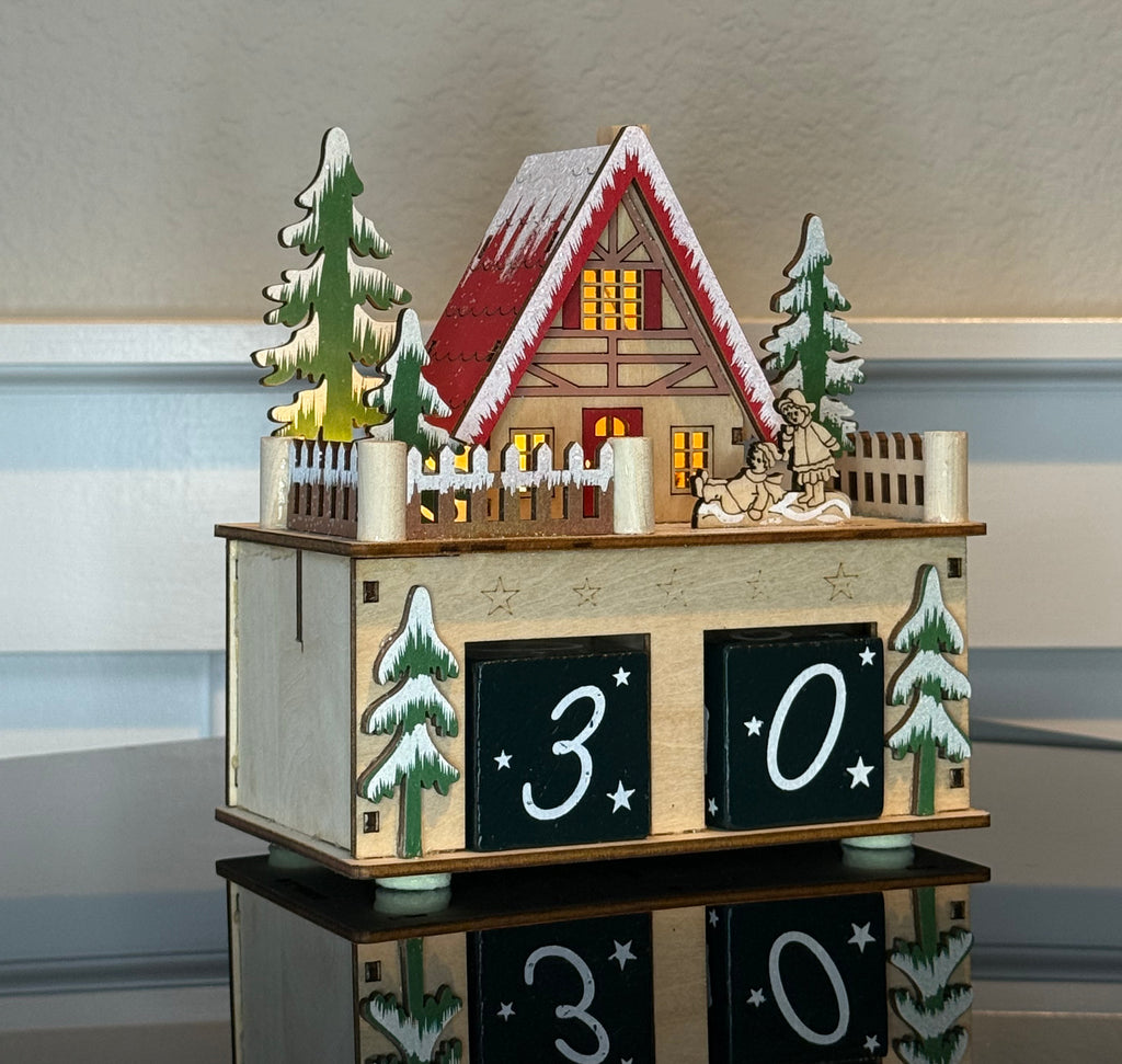 Wooden Christmas Countdown Calendar with LED Light, 6 x 6 x 3.5 inches, Alpine Holiday House Design with Number Blocks