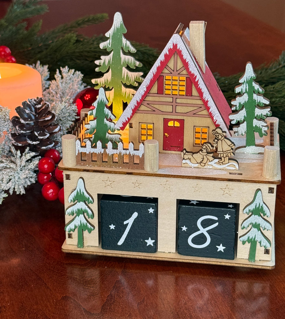 Wooden Christmas Countdown Calendar with LED Light, 6 x 6 x 3.5 inches, Alpine Holiday House Design with Number Blocks