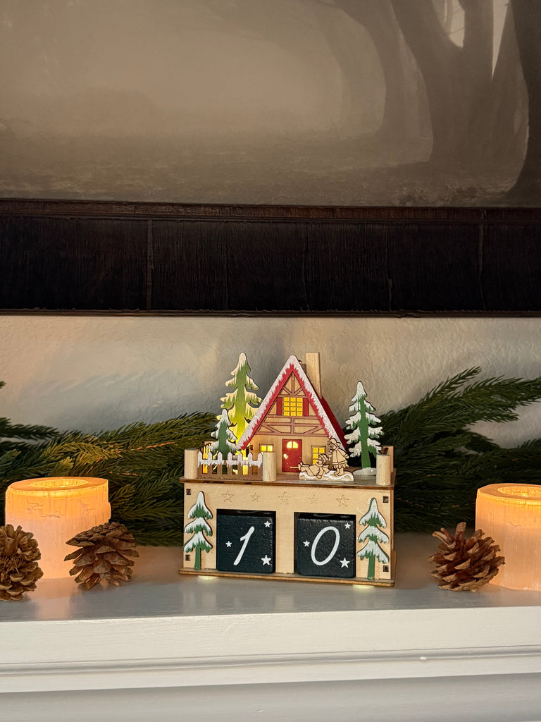 Wooden Christmas Countdown Calendar with LED Light, 6 x 6 x 3.5 inches, Alpine Holiday House Design with Number Blocks