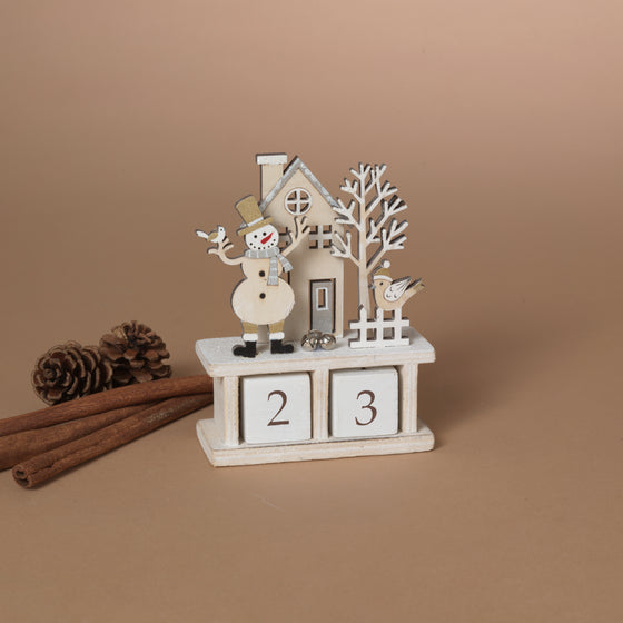 Wooden Christmas Countdown Calendar, Glittered Winter Scene with Snowman, 32-Day Advent Blocks, 5.5" High, White