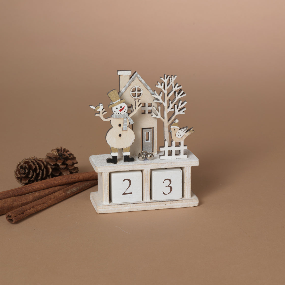Wooden Christmas Countdown Calendar, Glittered Winter Scene with Snowman, 32-Day Advent Blocks, 5.5" High, White