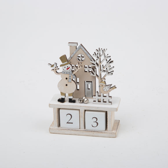Wooden Christmas Countdown Calendar, Glittered Winter Scene with Snowman, 32-Day Advent Blocks, 5.5" High, White