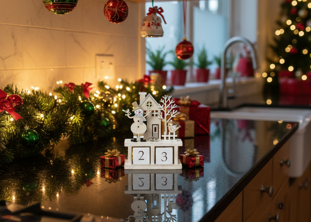 Wooden Christmas Countdown Calendar, Glittered Winter Scene with Snowman, 32-Day Advent Blocks, 5.5" High, White