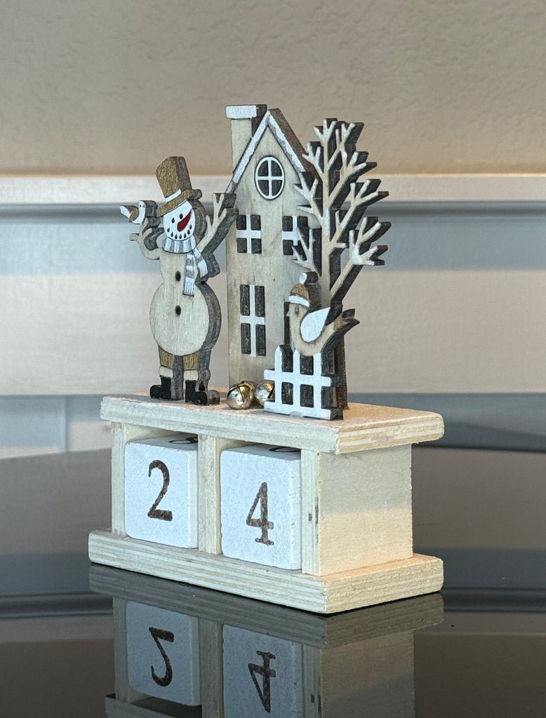 Wooden Christmas Countdown Calendar, Glittered Winter Scene with Snowman, 32-Day Advent Blocks, 5.5" High, White
