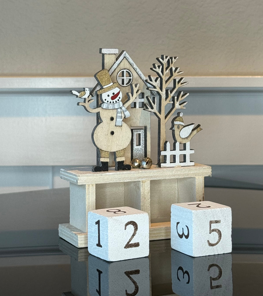 Wooden Christmas Countdown Calendar, Glittered Winter Scene with Snowman, 32-Day Advent Blocks, 5.5" High, White