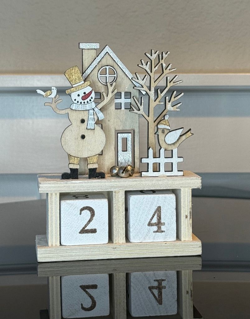 Wooden Christmas Countdown Calendar, Glittered Winter Scene with Snowman, 32-Day Advent Blocks, 5.5" High, White