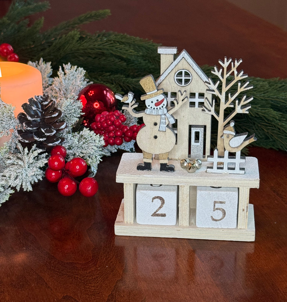 Wooden Christmas Countdown Calendar, Glittered Winter Scene with Snowman, 32-Day Advent Blocks, 5.5" High, White