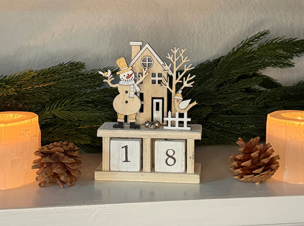Wooden Christmas Countdown Calendar, Glittered Winter Scene with Snowman, 32-Day Advent Blocks, 5.5" High, White