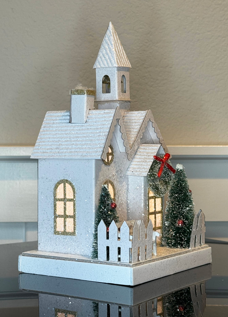 Christmas Lighted Meeting House and Church Decoration, White with Gold Accents, 10" x 5.75" x 5", Battery Operated with Timer, Glittered Village Display
