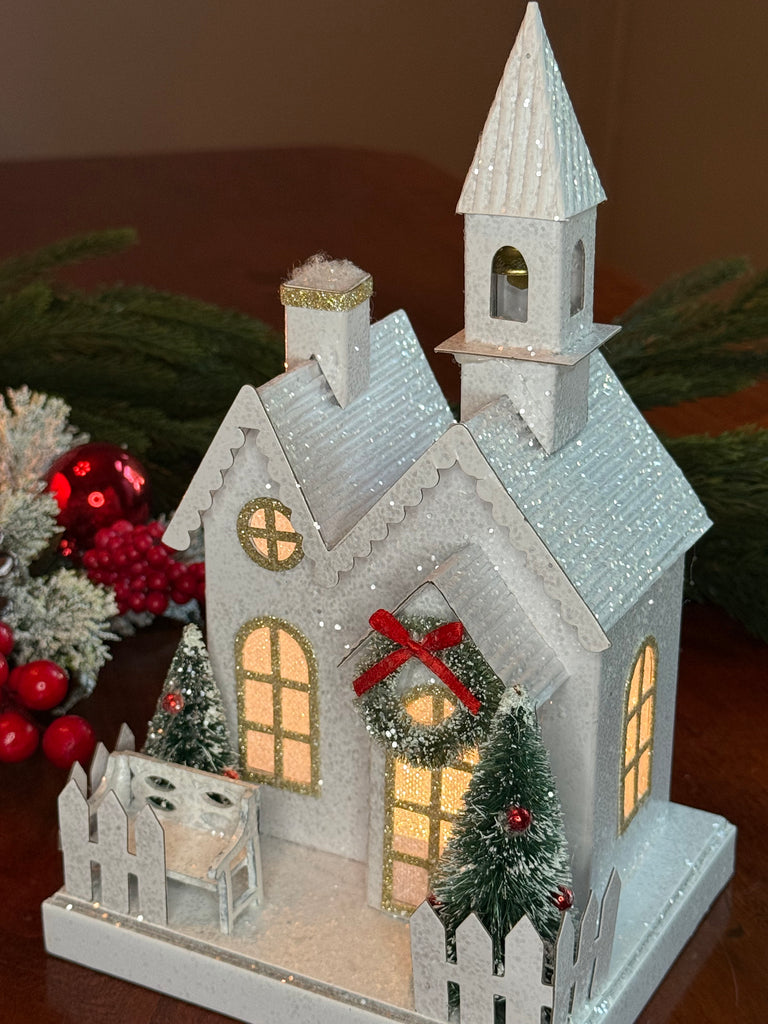 Christmas Lighted Meeting House and Church Decoration, White with Gold Accents, 10" x 5.75" x 5", Battery Operated with Timer, Glittered Village Display
