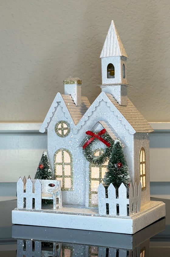 Christmas Lighted Meeting House and Church Decoration, White with Gold Accents, 10" x 5.75" x 5", Battery Operated with Timer, Glittered Village Display