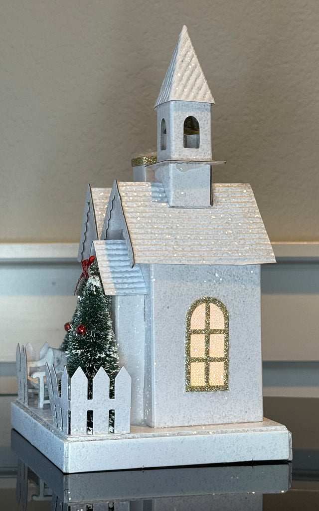 Christmas Lighted Meeting House and Church Decoration, White with Gold Accents, 10" x 5.75" x 5", Battery Operated with Timer, Glittered Village Display