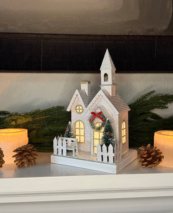 Christmas Lighted Meeting House and Church Decoration, White with Gold Accents, 10" x 5.75" x 5", Battery Operated with Timer, Glittered Village Display