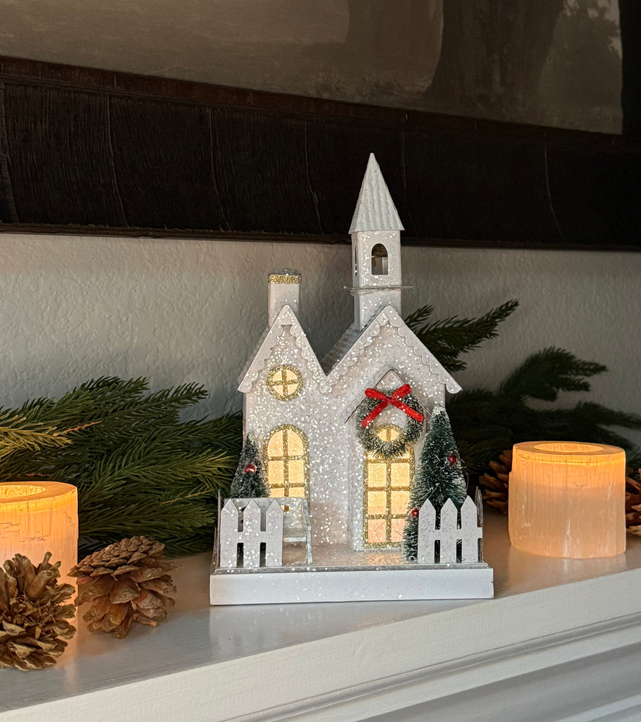 Christmas Lighted Meeting House and Church Decoration, White with Gold Accents, 10" x 5.75" x 5", Battery Operated with Timer, Glittered Village Display