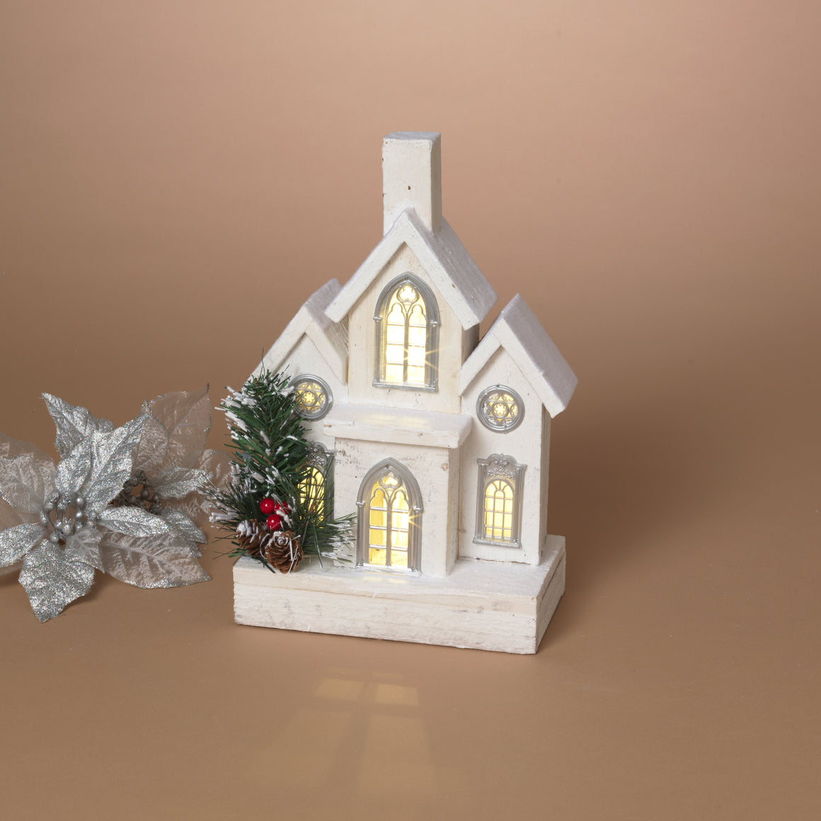 Lighted Natural Wood Christmas Meeting House, Church Decoration with Timer, 11.5" High, White Wood House with Greenery and Berries