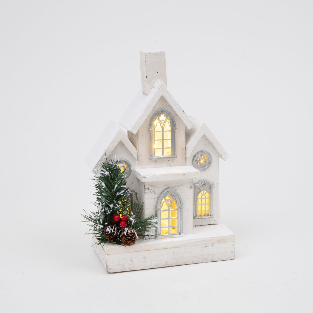 Lighted Natural Wood Christmas Meeting House, Church Decoration with Timer, 11.5" High, White Wood House with Greenery and Berries