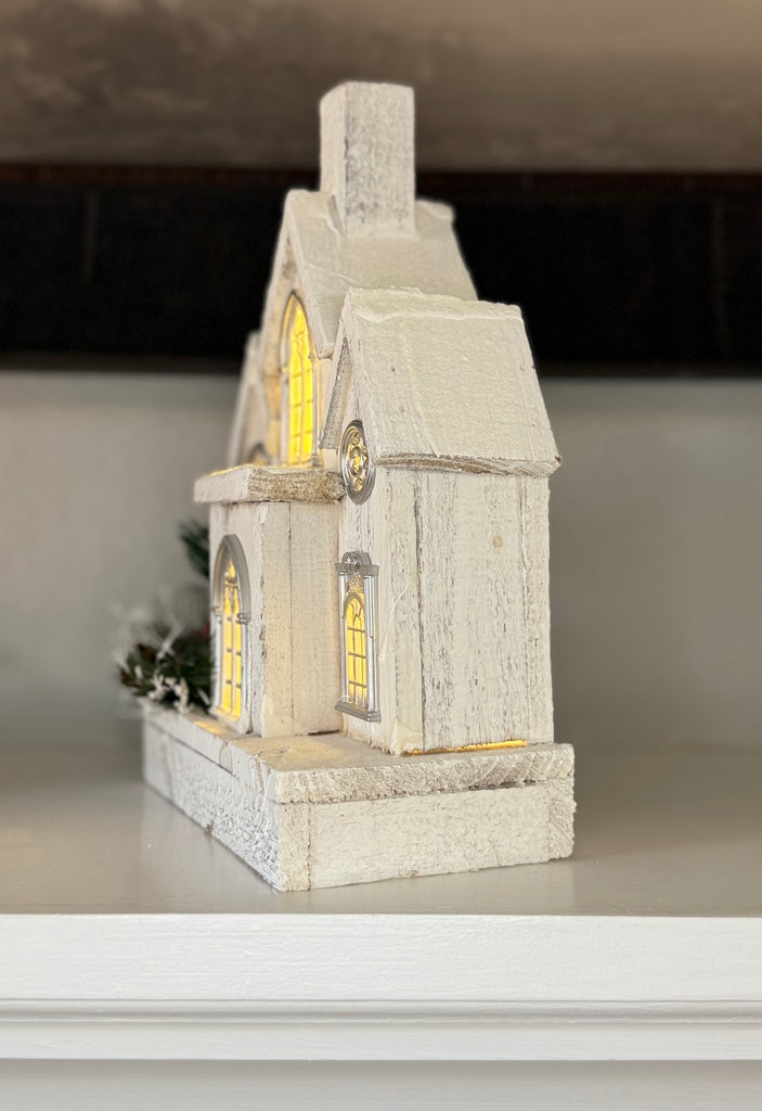 Lighted Natural Wood Christmas Meeting House, Church Decoration with Timer, 11.5" High, White Wood House with Greenery and Berries