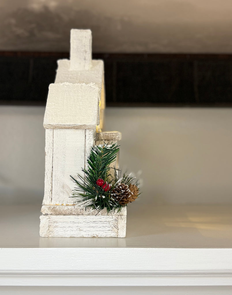 Lighted Natural Wood Christmas Meeting House, Church Decoration with Timer, 11.5" High, White Wood House with Greenery and Berries